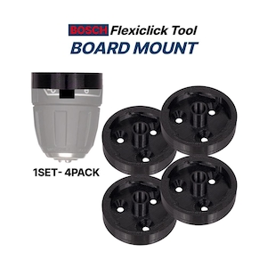 May include: A set of four black circular Bosch Flexiclick Tool Board Mounts. Each mount features a central cylindrical post and three countersunk screw holes. The image includes the text BOSCH Flexiclick Tool BOARD MOUNT and 1SET- 4PACK.