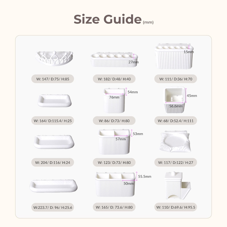 May include: A size guide displays various white plastic organizers with dimensions in millimeters. The guide includes measurements for width, depth, and height, showcasing different shapes and sizes of storage containers, including trays, cups, and divided compartments.