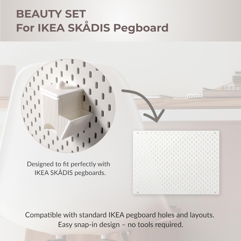 May include: A white beauty set accessory for IKEA SK&Aring;DIS pegboards. The set includes a small, white container with an open compartment and a separate pegboard. Text on the image reads "BEAUTY SET For IKEA SK&Aring;DIS Pegboard".