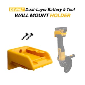 May include: A yellow plastic wall mount holder for DeWalt dual-layer batteries and tools, featuring two black mounting screws. The text reads: DEWALT Dual-Layer Battery & Tool WALL MOUNT HOLDER. A partial view of a yellow and black power tool is shown.