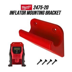 Peut inclure: Support de montage de gonfleur rouge avec le texte "Milwaukee 2475-20 INFLATOR MOUNTING BRACKET". Le support comporte deux trous de montage et une conception incurvée pour maintenir un gonfleur. Comprend des vis et un gonfleur.