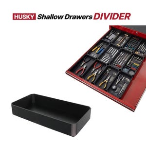 May include: Black shallow drawer divider next to a red tool chest with open drawers. The drawers are filled with various tools, including pliers, screwdrivers, and wrenches. The text "HUSKY Shallow Drawers DIVIDER" is at the top.