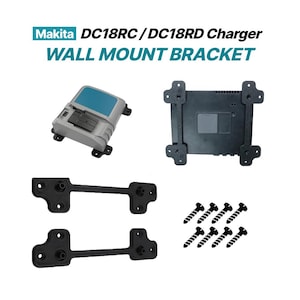 Può includere: Un set di staffe per montaggio a parete nero per caricabatterie Makita DC18RC e DC18RD. Il set include due barre di montaggio in plastica nera, una piastra di montaggio nera e otto viti nere. Il testo recita: Makita DC18RC / DC18RD Charger WALL MOUNT BRACKET.