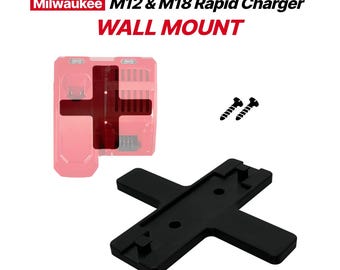 May include: A black cross-shaped wall mount for a Milwaukee M12 & M18 Rapid Charger, featuring two mounting screws. The text Milwaukee M12 & M18 Rapid Charger WALL MOUNT is displayed above the mount, which is shown attached to a red charger.