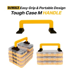 Könnte beinhalten: Gelbe und schwarze DEWALT Tough Case M HANDLE Aufbewahrungsboxen. Die Boxen haben transparente Deckel und sind in verschiedenen Konfigurationen gestapelt. Der Text "Easy Grip & Portable Design" ist enthalten.