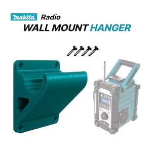 Op de afbeelding: Een turquoise wandhouder voor een Makita-radio, met de tekst "Makita Radio WALL MOUNT HANGER". De afbeelding bevat drie zwarte schroeven en een radio-omtrek.