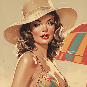 glamorous pinup woman in a bikini on the beach digital wall art, digital download