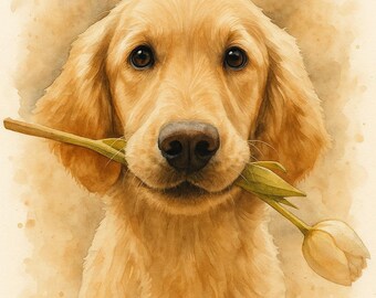 May include: Watercolor illustration of a golden retriever dog holding a yellow tulip in its mouth. The dog has brown eyes and a soft, light brown coat. The background is a light beige with watercolor-style splatters.