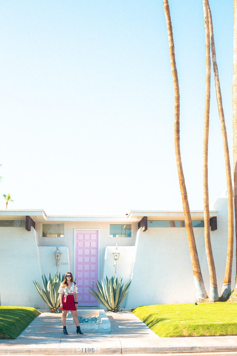 Puede incluir: Una casa blanca de estilo moderno de mediados de siglo con una puerta de entrada rosa pastel con patr&oacute;n de cuadr&iacute;cula. El exterior incluye dos grandes plantas de agave a los lados de la entrada, palmeras altas a la derecha y un cielo azul despejado.