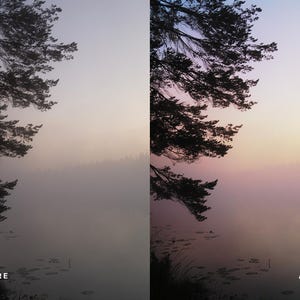 Pu&ograve; includere: Un confronto a schermo diviso che mostra un paesaggio con un lago e rami di pino. Il lato sinistro &egrave; etichettato come BEFORE e mostra una scena nebbiosa e spenta. Il lato destro &egrave; etichettato come AFTER e mostra la stessa scena con toni rosa.