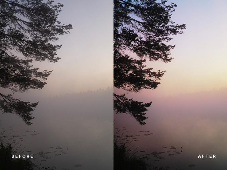 Pu&ograve; includere: Un confronto a schermo diviso che mostra un paesaggio con un lago e rami di pino. Il lato sinistro &egrave; etichettato come BEFORE e mostra una scena nebbiosa e spenta. Il lato destro &egrave; etichettato come AFTER e mostra la stessa scena con toni rosa.