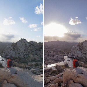 Puede incluir: Una comparaci&oacute;n de pantalla dividida que muestra un paisaje con una persona con chaqueta naranja y mochila negra sentada sobre una gran roca con vistas a un valle des&eacute;rtico con formaciones rocosas, un peque&ntilde;o arroyo y un cielo soleado.