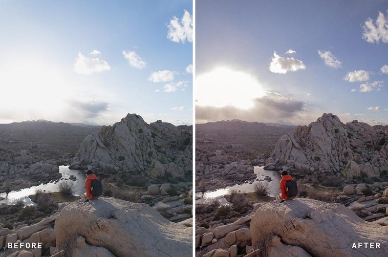 Puede incluir: Una comparaci&oacute;n de pantalla dividida que muestra un paisaje con una persona con chaqueta naranja y mochila negra sentada sobre una gran roca con vistas a un valle des&eacute;rtico con formaciones rocosas, un peque&ntilde;o arroyo y un cielo soleado.