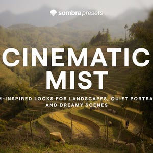 Może przedstawiać: Obraz z napisem "CINEMATIC MIST" na tle malowniczego krajobrazu tarasowych pól. Poniżej znajduje się tekst "FILM-INSPIRED LOOKS FOR LANDSCAPES, QUIET PORTRAITS, AND DREAMY SCENES". Obraz ma miękką, zamgloną jakość.