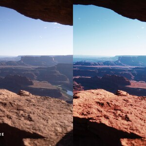 Pu&ograve; includere: Un confronto a schermo diviso di un paesaggio desertico visto da uno spuntone roccioso. Il lato sinistro &egrave; etichettato BEFORE e mostra toni tenui, mentre il lato destro &egrave; etichettato AFTER e mostra una saturazione cromatica rossa e blu vivida.