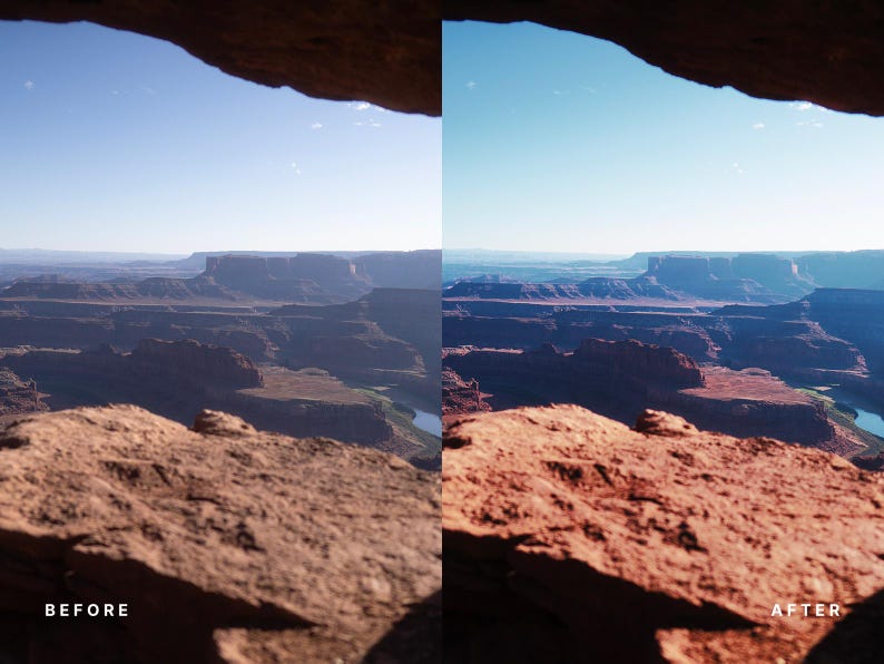 Pu&ograve; includere: Un confronto a schermo diviso di un paesaggio desertico visto da uno spuntone roccioso. Il lato sinistro &egrave; etichettato BEFORE e mostra toni tenui, mentre il lato destro &egrave; etichettato AFTER e mostra una saturazione cromatica rossa e blu vivida.