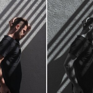 Puede incluir: Una pantalla dividida muestra a una persona con una camiseta negra frente a una pared texturizada con rayas de sombra diagonales. El lado izquierdo muestra un tono m&aacute;s c&aacute;lido, mientras que el derecho presenta una edici&oacute;n en blanco y negro contrastada.