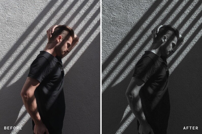 Puede incluir: Una pantalla dividida muestra a una persona con una camiseta negra frente a una pared texturizada con rayas de sombra diagonales. El lado izquierdo muestra un tono m&aacute;s c&aacute;lido, mientras que el derecho presenta una edici&oacute;n en blanco y negro contrastada.
