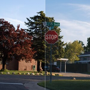 May include: A split-screen comparison image labeled Musgo, Before, and After, showing a residential street scene with a red octagonal stop sign, a green street sign reading 3735 South, a large tree with dark red leaves, and a house in the background.