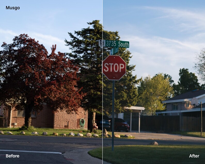 May include: A split-screen comparison image labeled Musgo, Before, and After, showing a residential street scene with a red octagonal stop sign, a green street sign reading 3735 South, a large tree with dark red leaves, and a house in the background.