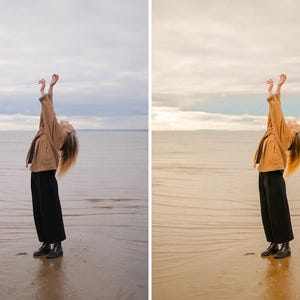 May include: A side-by-side comparison showing a tan jacket and black trousers on a beach. The left image features cool, muted tones, while the right image displays warm, golden-hued lighting. Both images show the same subject reaching upward.