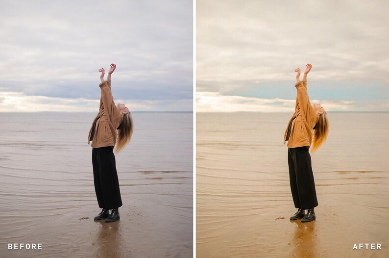 May include: A side-by-side comparison showing a tan jacket and black trousers on a beach. The left image features cool, muted tones, while the right image displays warm, golden-hued lighting. Both images show the same subject reaching upward.