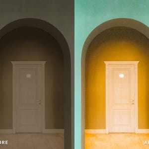 Puede incluir: Imagen comparativa de una puerta antes y despu&eacute;s de la correcci&oacute;n de color. La imagen del "antes" est&aacute; en tonos apagados, la imagen del "despu&eacute;s" tiene tonos vibrantes amarillos y turquesas. El texto "BEFORE" y "AFTER" en la parte inferior.