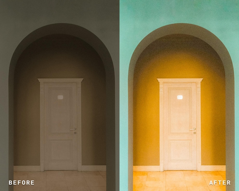 Puede incluir: Imagen comparativa de una puerta antes y despu&eacute;s de la correcci&oacute;n de color. La imagen del "antes" est&aacute; en tonos apagados, la imagen del "despu&eacute;s" tiene tonos vibrantes amarillos y turquesas. El texto "BEFORE" y "AFTER" en la parte inferior.