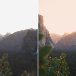 May include: A split image showing a mountain landscape before and after a photo edit. The left side shows a darker, cooler image labeled "BEFORE." The right side, labeled "AFTER," has warmer tones and enhanced light.