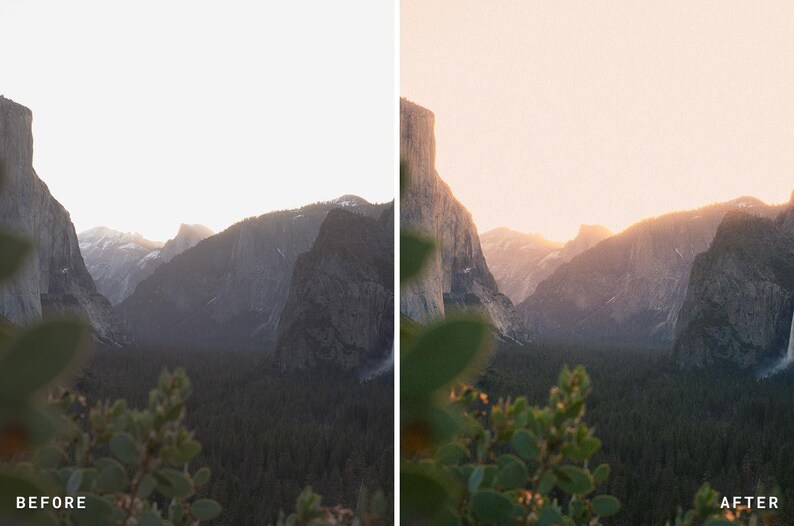 May include: A split image showing a mountain landscape before and after a photo edit. The left side shows a darker, cooler image labeled "BEFORE." The right side, labeled "AFTER," has warmer tones and enhanced light.