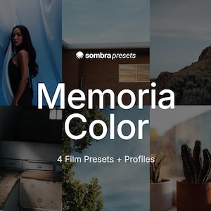 May include: A digital product display featuring the text Sombra Presets, Memoria Color, and 4 Film Presets + Profiles. The image is a collage of six photographs showing a person, a brick building, a mountain, an interior, trees, and a cactus.
