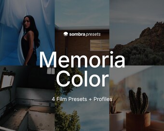 May include: A digital product display featuring the text Sombra Presets, Memoria Color, and 4 Film Presets + Profiles. The image is a collage of six photographs showing a person, a brick building, a mountain, an interior, trees, and a cactus.