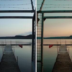 May include: A split-screen comparison showing a wooden pier extending into a calm lake at dusk, framed by a metal gate with barbed wire at the top. The left side displays a cool blue tone, while the right side features a warm, sunset-inspired edit.