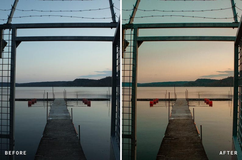 May include: A split-screen comparison showing a wooden pier extending into a calm lake at dusk, framed by a metal gate with barbed wire at the top. The left side displays a cool blue tone, while the right side features a warm, sunset-inspired edit.