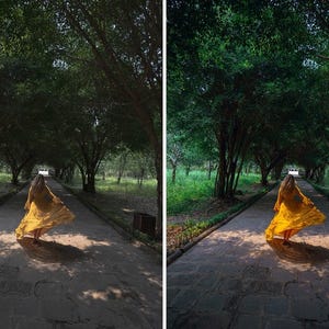 Puede incluir: Un vestido amarillo de manga larga y largo hasta el suelo con falda acampanada, capturado en movimiento en un camino de piedra bordeado de &aacute;rboles. La imagen muestra una comparaci&oacute;n de antes y despu&eacute;s del etalonaje, con distinta saturaci&oacute;n.