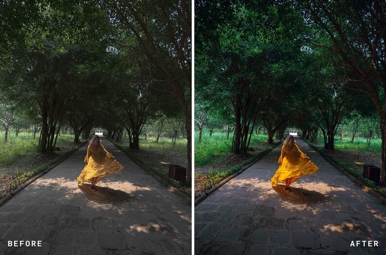 Puede incluir: Un vestido amarillo de manga larga y largo hasta el suelo con falda acampanada, capturado en movimiento en un camino de piedra bordeado de &aacute;rboles. La imagen muestra una comparaci&oacute;n de antes y despu&eacute;s del etalonaje, con distinta saturaci&oacute;n.