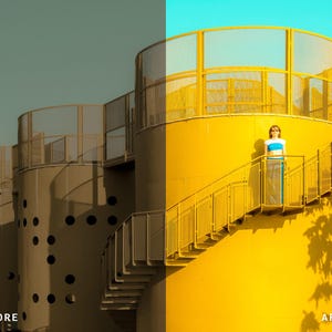 Puede incluir: Imagen del antes y el despu&eacute;s de una estructura cil&iacute;ndrica amarilla con una persona de pie en una escalera. La estructura tiene una escalera de caracol y una barandilla circular. La imagen del antes es en tonos grises, mientras que la imagen del despu&eacute;s es en amarillo brillante y azul.