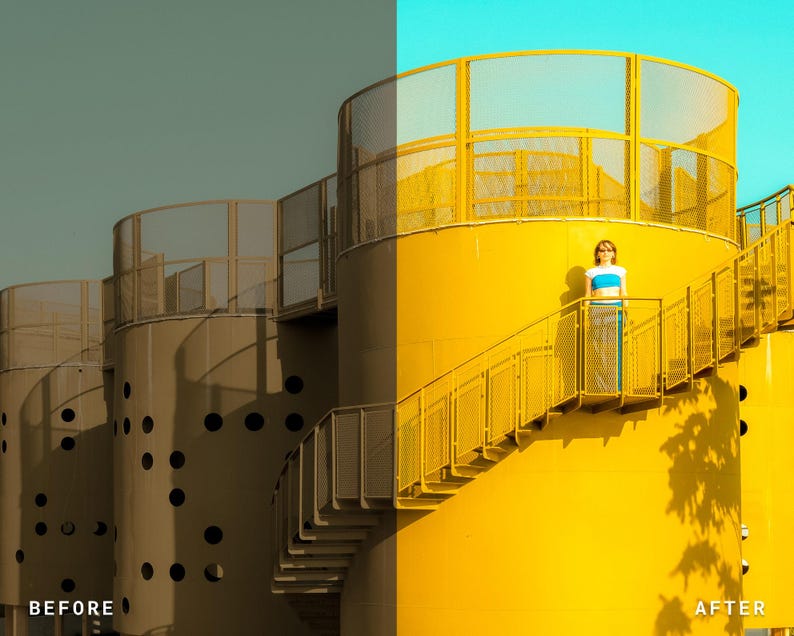 Puede incluir: Imagen del antes y el despu&eacute;s de una estructura cil&iacute;ndrica amarilla con una persona de pie en una escalera. La estructura tiene una escalera de caracol y una barandilla circular. La imagen del antes es en tonos grises, mientras que la imagen del despu&eacute;s es en amarillo brillante y azul.