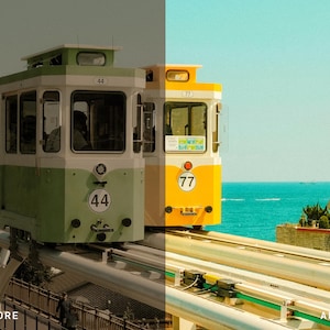 Puede incluir: Imagen dividida que muestra un antes y despu&eacute;s de un tren monorra&iacute;l. El lado 'antes' presenta un vag&oacute;n verde y blanco con el n&uacute;mero 44. El lado 'despu&eacute;s' muestra un vag&oacute;n amarillo y blanco con el n&uacute;mero 77, con el mar turquesa de fondo.