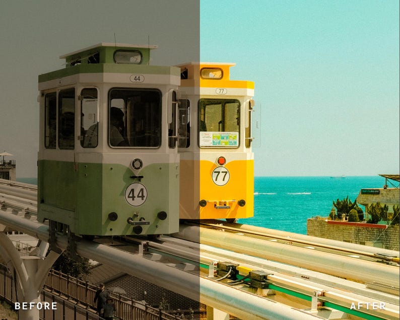 Puede incluir: Imagen dividida que muestra un antes y despu&eacute;s de un tren monorra&iacute;l. El lado 'antes' presenta un vag&oacute;n verde y blanco con el n&uacute;mero 44. El lado 'despu&eacute;s' muestra un vag&oacute;n amarillo y blanco con el n&uacute;mero 77, con el mar turquesa de fondo.
