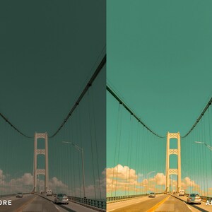 Puede incluir: Fotograf&iacute;a de un puente colgante con cielo turquesa. El puente tiene una torre de color beige y est&aacute; sostenido por gruesos cables. Los coches circulan por el puente. Los textos "BEFORE" y "AFTER" est&aacute;n en la parte inferior de la imagen.