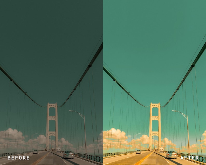 Puede incluir: Fotograf&iacute;a de un puente colgante con cielo turquesa. El puente tiene una torre de color beige y est&aacute; sostenido por gruesos cables. Los coches circulan por el puente. Los textos "BEFORE" y "AFTER" est&aacute;n en la parte inferior de la imagen.