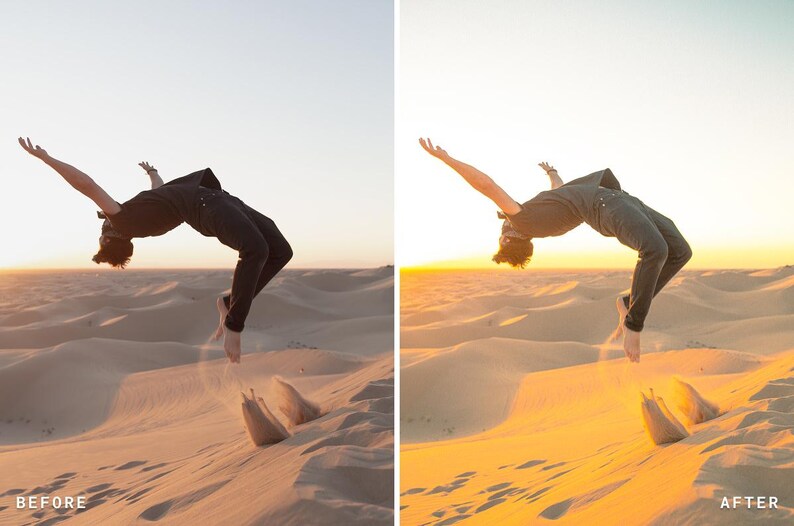 May include: A person performing a backflip over sand dunes at sunset. The person is wearing a dark shirt and pants. The sand is a light tan color, and the sky is a gradient of yellow and orange.