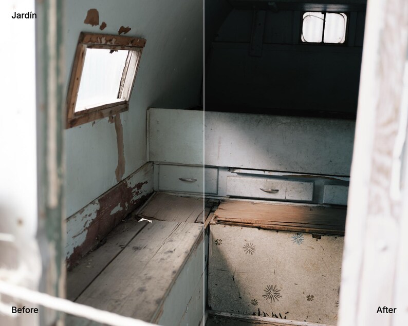 May include: A split-screen view of a camper interior. The left side shows a worn, light blue wooden bench with peeling paint and a window. The right side shows the same space with a floral patterned panel and drawers, labelled Jard&iacute;n, Before, and After.