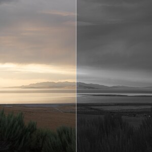 May include: A split-screen comparison showing a landscape with a lake and mountains. The left side, labeled Tinta and Before, displays a warm, golden-toned sunset. The right side, labeled After, shows the same scene in a high-contrast monochrome.