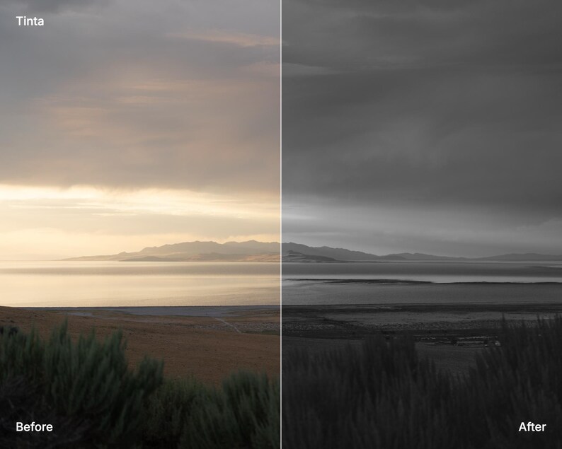 May include: A split-screen comparison showing a landscape with a lake and mountains. The left side, labeled Tinta and Before, displays a warm, golden-toned sunset. The right side, labeled After, shows the same scene in a high-contrast monochrome.