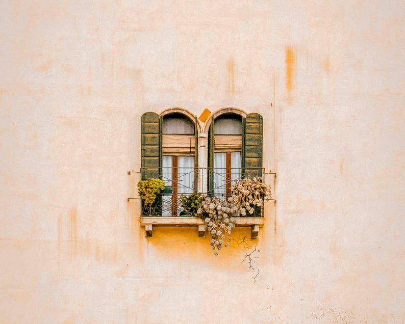 Pu&ograve; includere: Una finestra a doppio arco inserita in una parete in stucco beige chiaro, dotata di persiane in legno verde scuro, tende bianche e una piccola ringhiera in metallo decorata con diverse piante in vaso dal fogliame verde e secco.