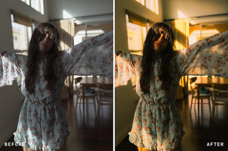 May include: A light blue romper with a floral pattern. The romper has long, flowing sleeves and a ruffled hem. The image is split, with "BEFORE" on the left and "AFTER" on the right, showing a color adjustment.