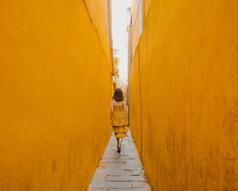 Pu&ograve; includere: Un abito midi a balze di colore giallo senape con un sottile motivo floreale scuro, caratterizzato da spalline sottili e un corpetto aderente, indossato mentre si cammina lungo uno stretto sentiero in pietra tra due alti muri gialli.