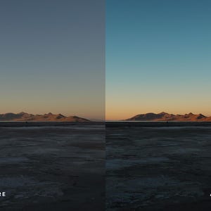 Pu&ograve; includere: Uno schermo diviso che mostra un paesaggio con montagne e un primo piano piatto. Il lato sinistro etichettato BEFORE mostra un cielo spento e desaturato, mentre il lato destro etichettato AFTER presenta un vivido tramonto blu e arancione.